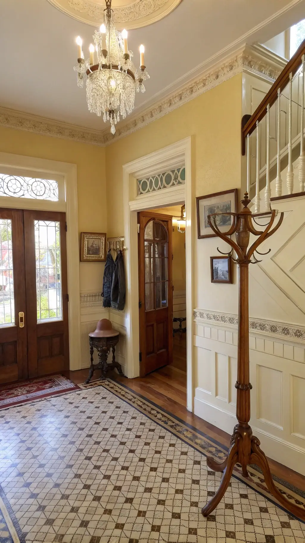 1920s inspired entryway with wainscoting, hardwood floors, crystal chandelier, Victorian hall tree, gilded mirror, copper umbrella stand, family photos, and vintage scarves and hats.