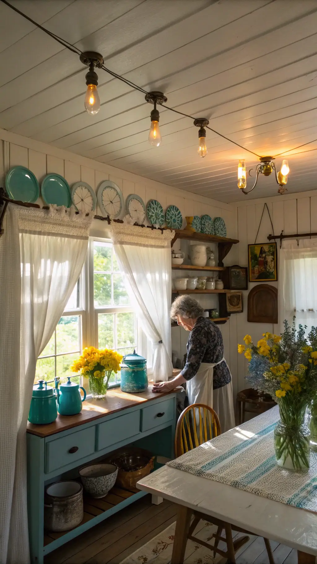 Nostalgic kitchen bathed in morning light featuring white beadboard ceiling, vintage Pyrex collection, copper pots, farmhouse table, blue willow china, and grandmother's rolling pin and cookbook.