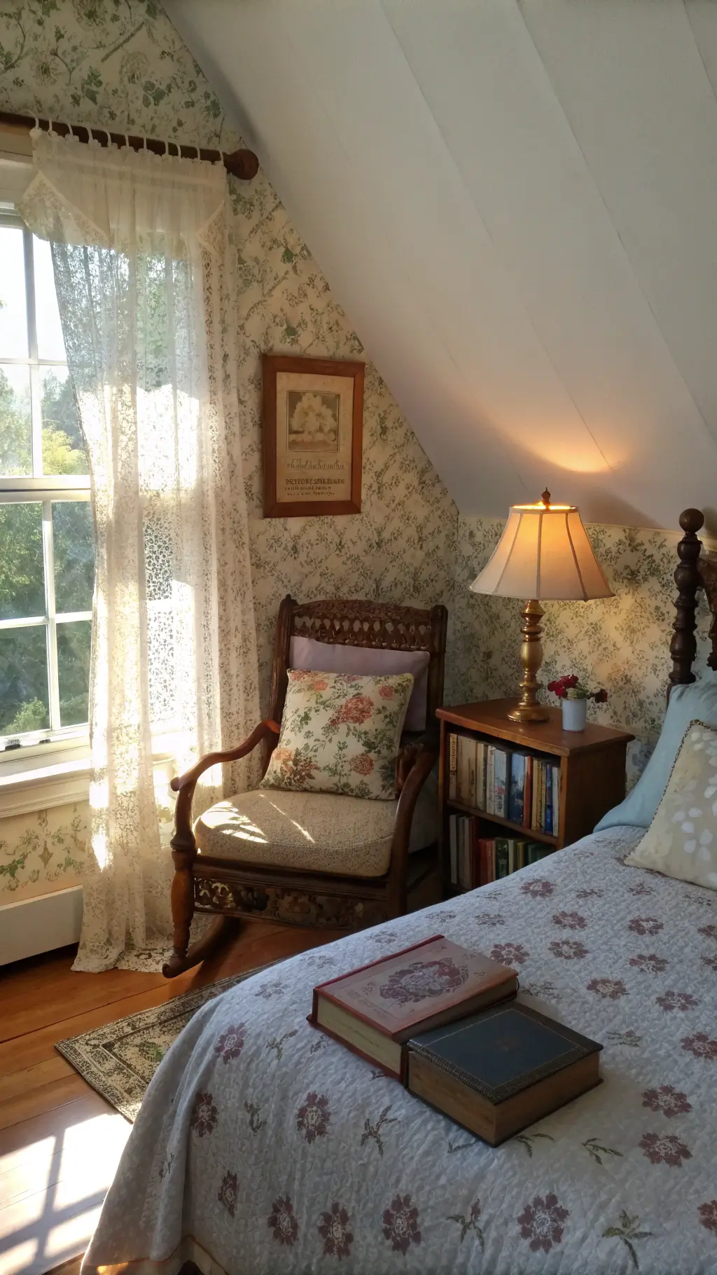 Cozy bedroom nook with wooden reading chair under dormer window, vintage quilts on brass bed, floral wallpaper, needlepoint pillows, nightstand with oil lamp and books in soft afternoon light.