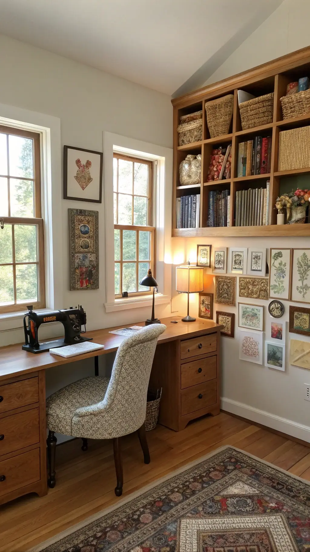 Craft room with built-in bookshelves filled with yarn, vintage sewing machine on oak desk, cross-stitch art on walls, wingback chair in chintz fabric, and brass task lamp illuminated by afternoon light.