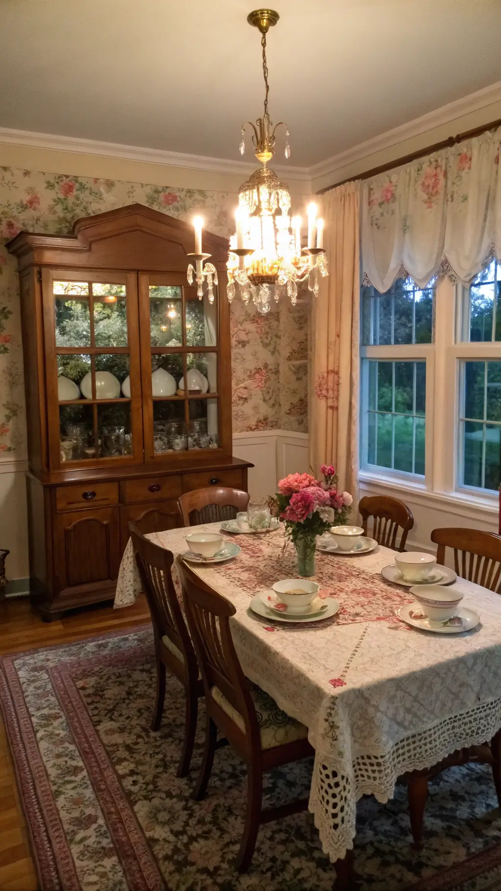 Evening view of a dining room with warm chandelier light reflecting on cherry wood table, Depression glass in hutch, bone china tea set, floral curtains with garden view, brass candlesticks, and fresh flowers on tablescape.