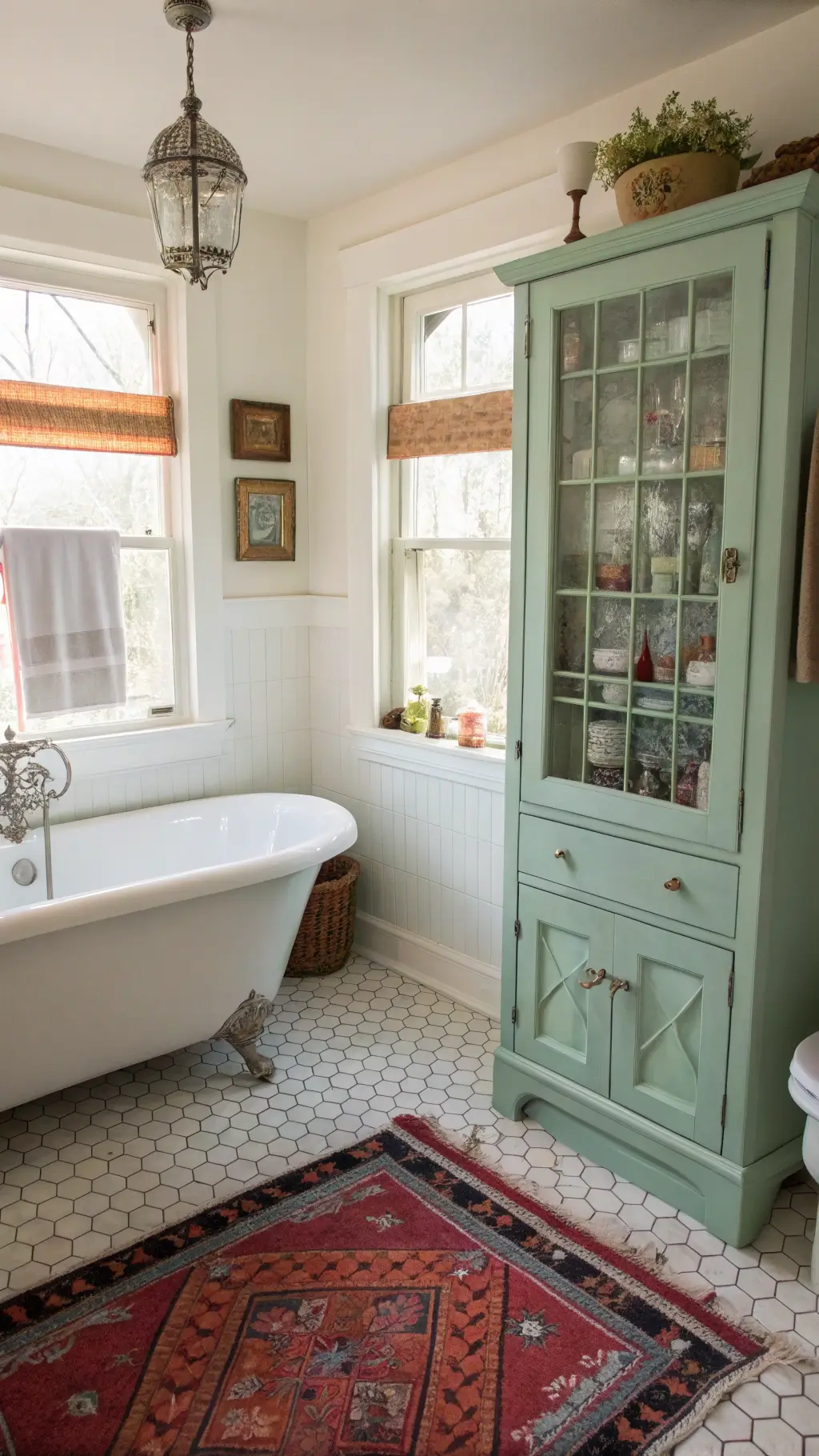 Vintage bathroom with original clawfoot tub, antique perfume bottles in distressed mint apothecary cabinet, Turkish kilim rug on hexagonal tiles, embroidered hand towels, crystal accessories, and soft morning light through frosted window.