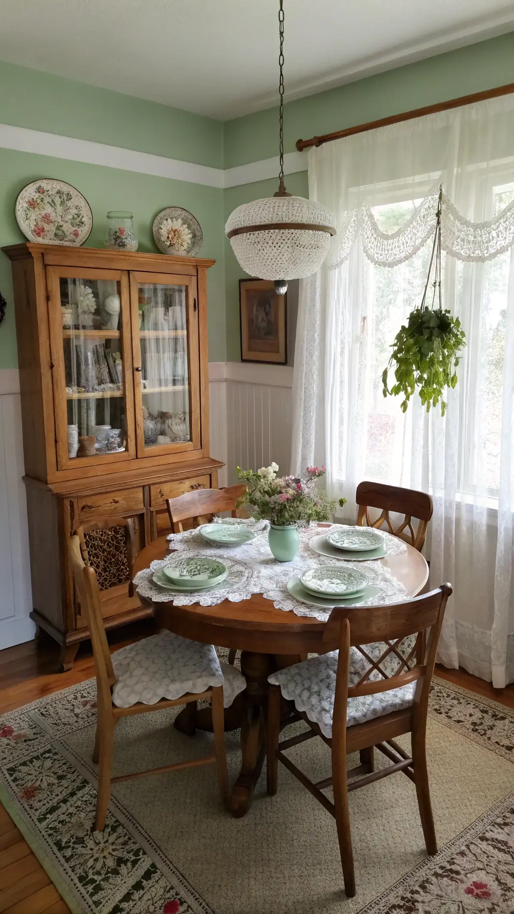 Cozy dining nook with morning sunlight through white curtains, round oak table surrounded by wooden chairs with needlepoint cushions, crystal cabinet housing vintage china, crochet doilies and macramé plant pothos set against soft sage green walls with wainscoting captured in diffused lighting.