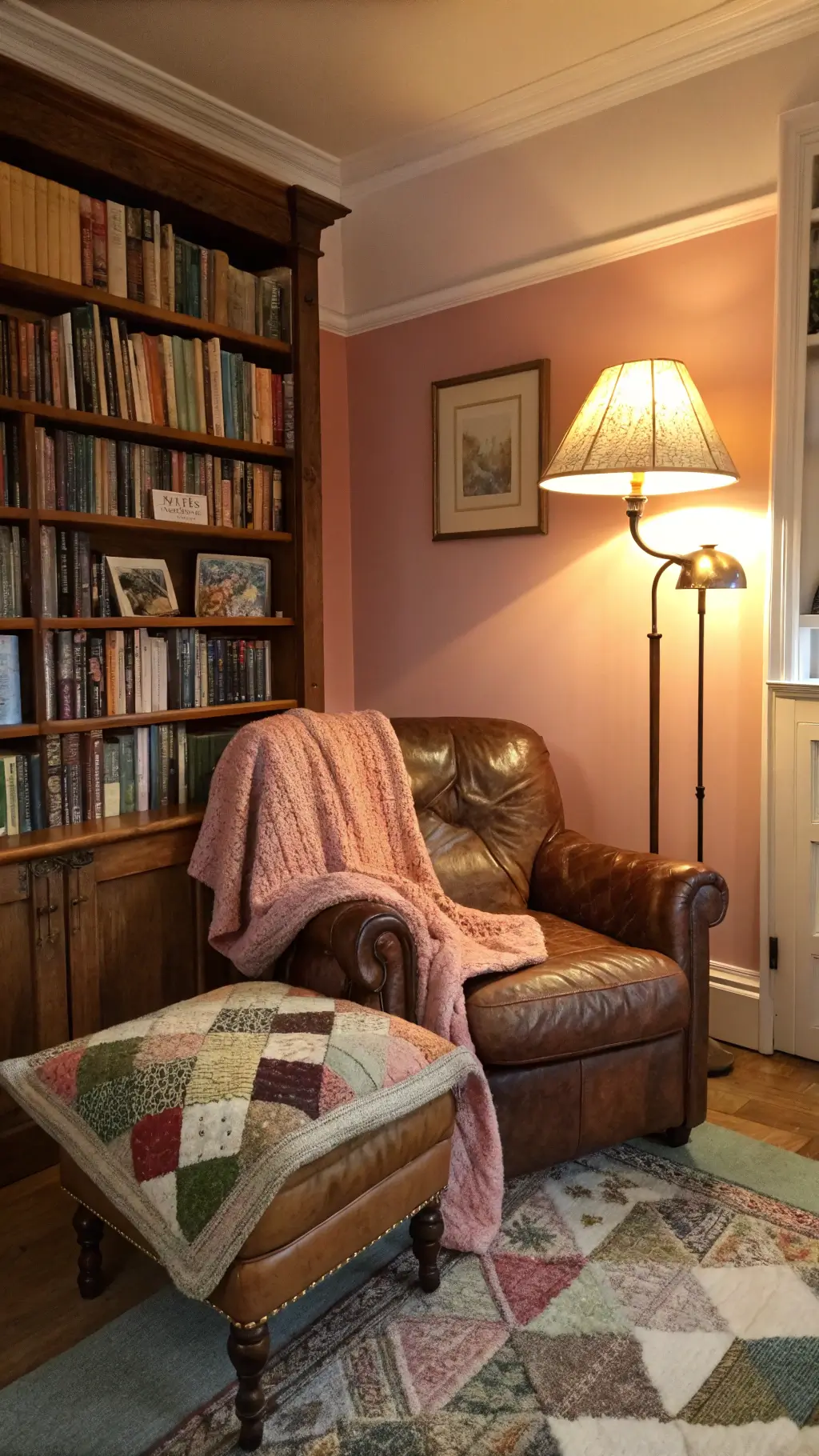 Cozy reading corner at dusk with weathered leather armchair and ottoman covered in quilted pastel throws, a floor-to-ceiling bookshelf filled with hardcovers, milk glass vases lit by brass floor lamp against dusty rose walls with picture rail molding.
