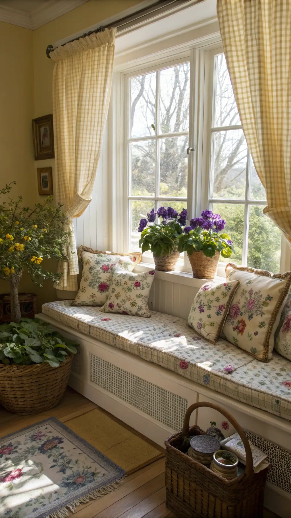 A cozy 6x8ft kitchen window seat in mid-morning light featuring vintage floral cushioning, stacked quilts, embroidered pillows, African violets in brass planters on window ledge, soft yellow gingham café curtains, white beadboard walls, and a nearby basket of knitting supplies.