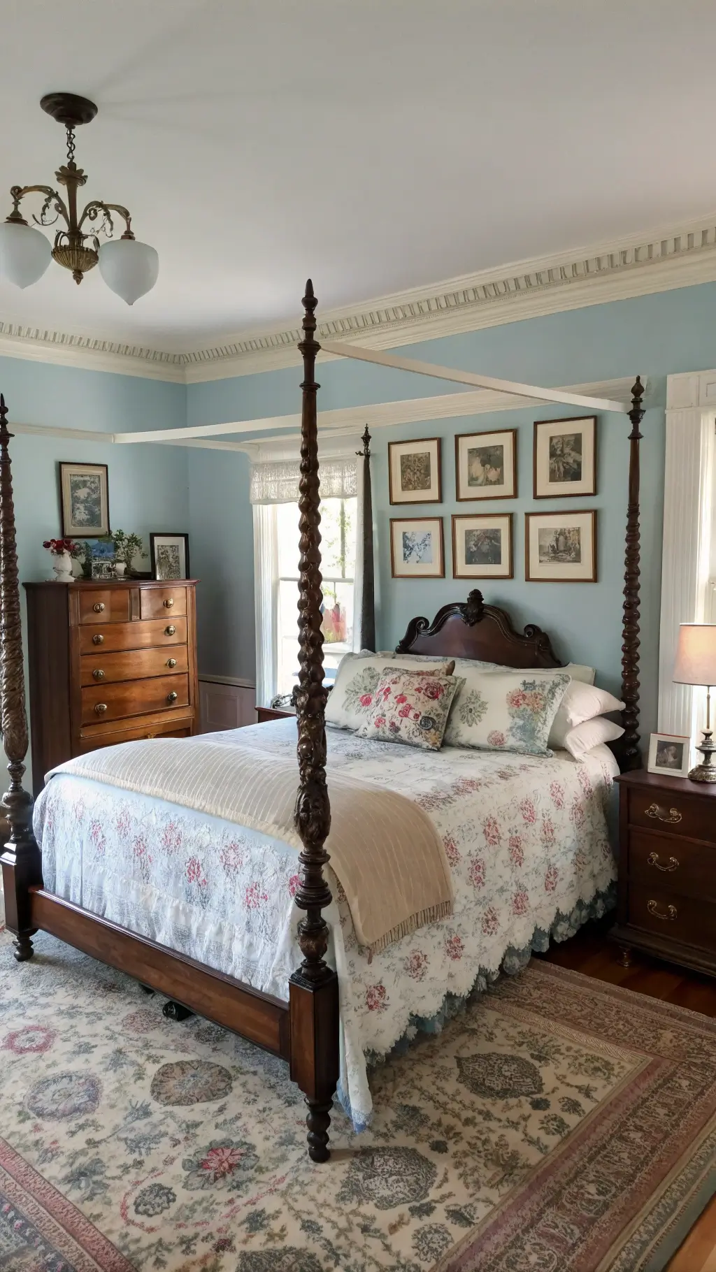 Spacious powder blue bedroom featuring early morning light, a four-poster bed adorned with layered linens, an antique wooden dresser, vintage accessories, and a gallery wall displaying family photographs.