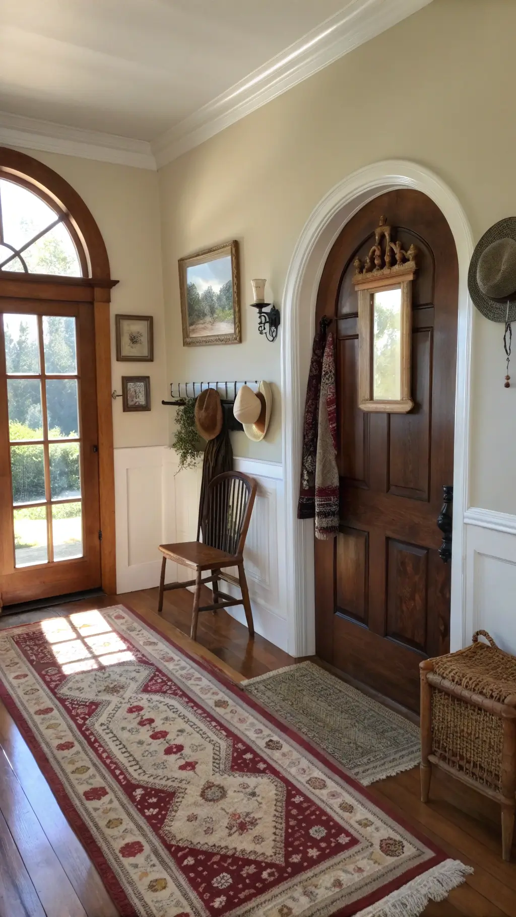Arched entryway bathed in afternoon light featuring a carved wooden hall tree with knitted scarves and vintage hats, an oriental runner, needlepoint chair, warmly toned walls, and picture frame molding.