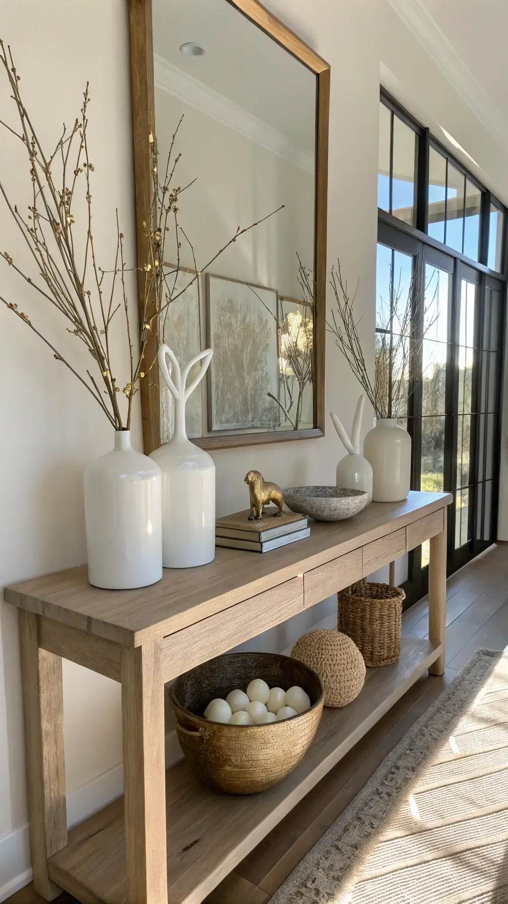 Contemporary Easter vignette in a bright entryway featuring a console table with brass mirror, ceramic vases, pussy willows, and a modern bunny sculpture among eggs in a concrete bowl.