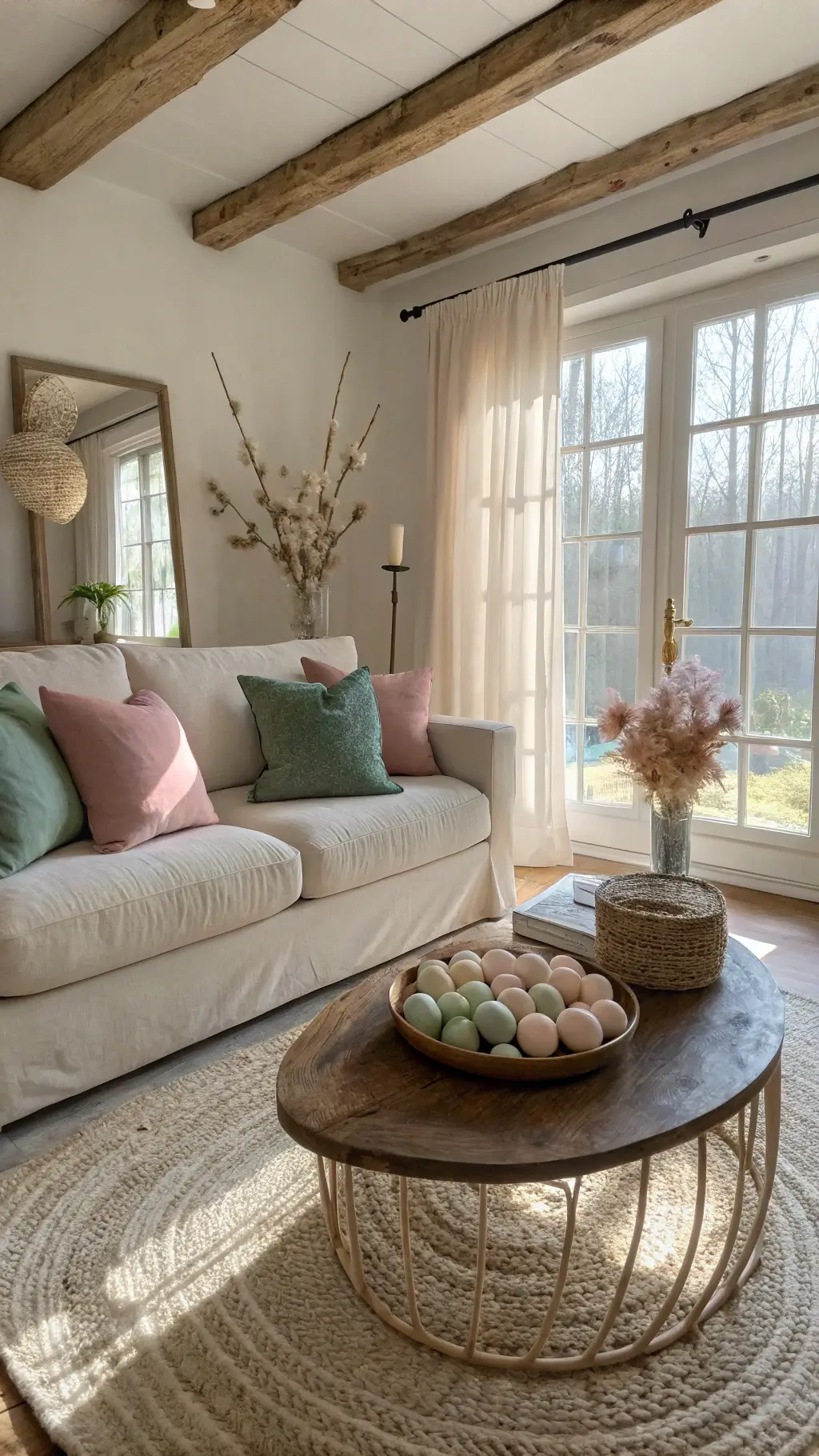 Scandinavian-inspired Easter living room with whitewashed beams, cream bouclé sofa, velvet pillows, glass bowl with marble eggs on coffee table, woven jute rug, and branch arrangement in tall vase during golden hour.