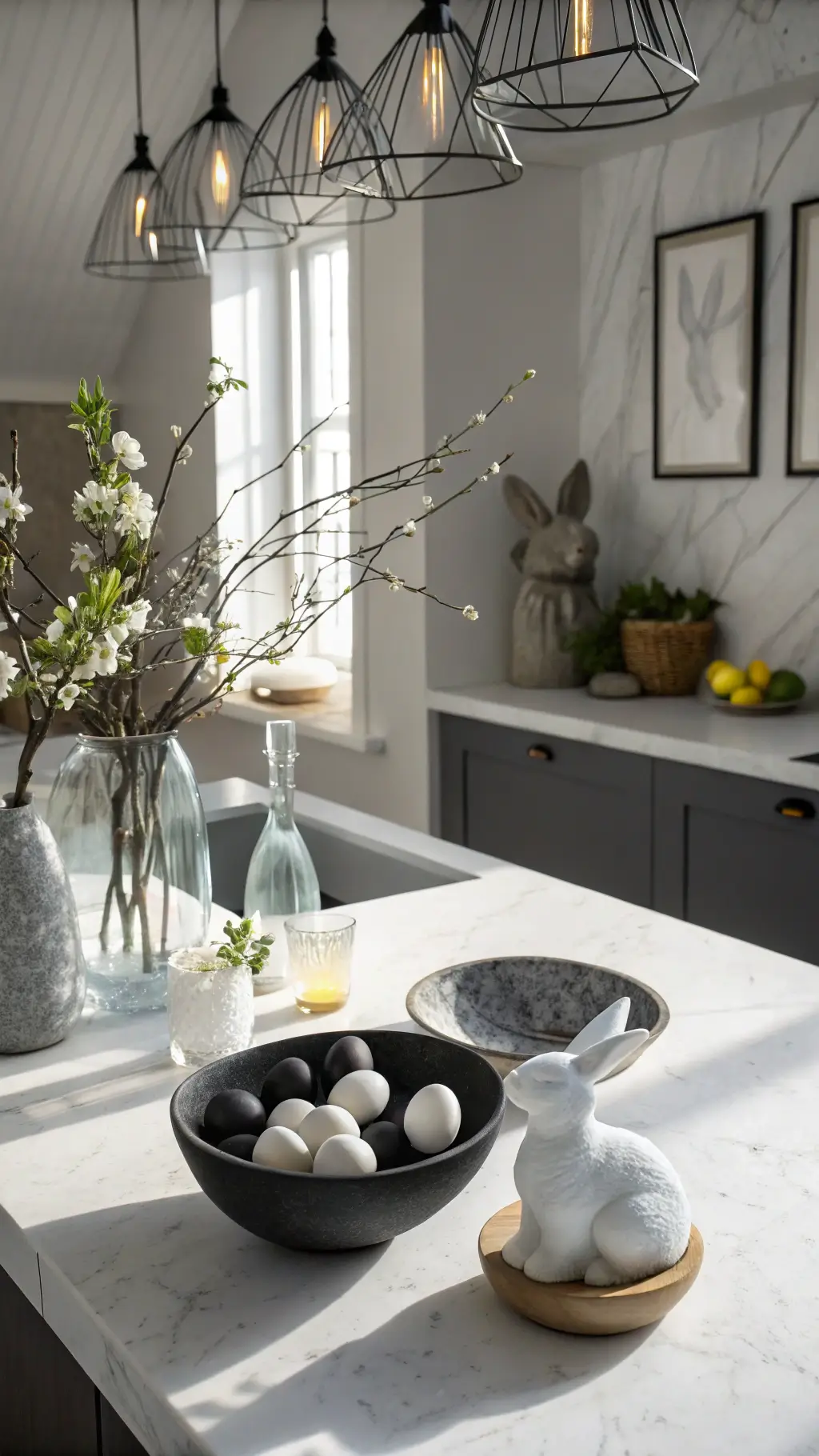 Modern Easter kitchen featuring a white marble island under pendant lights, matte black fruit bowl, painted eggs, geometric bunny artwork, and spring flowers in vases illuminated by morning skylight.