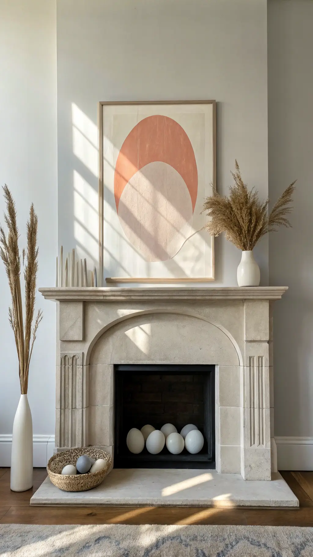 Minimalist Easter mantel featuring large abstract egg art, white ceramic vessels, dried pampas grass, and metallic eggs on limestone against a light gray wall.