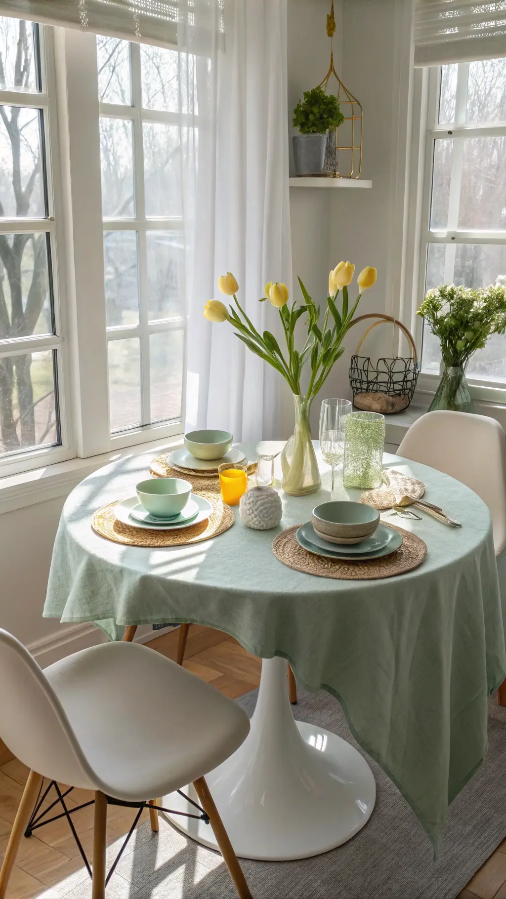 Sunlit modern pastel breakfast nook with round tulip table, handmade ceramic plates, sage green linens, single ranunculus stems in glass vases, and geometric wire egg holder centerpiece.