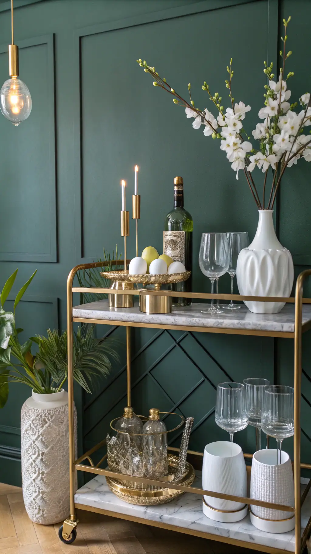 Contemporary Easter-themed gold and glass bar cart decorated with marble eggs, brass bunny bottle opener, crystal decanters, and spring flowers in white ceramic vessels against a dark sage wall with ambient evening lighting.