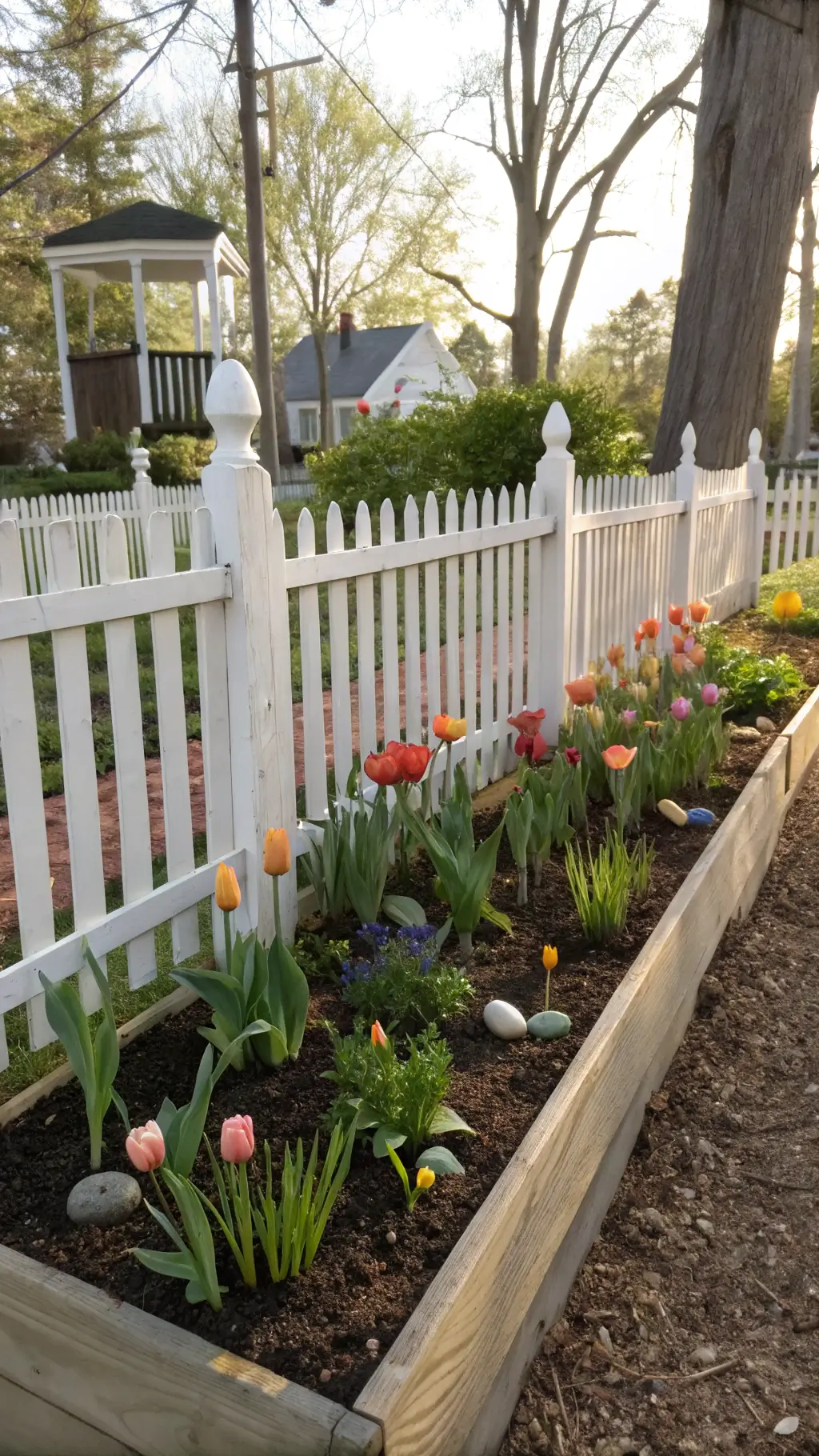 Spring garden scene with hand-painted Easter stakes among fresh tulips against a white picket fence with morning dew