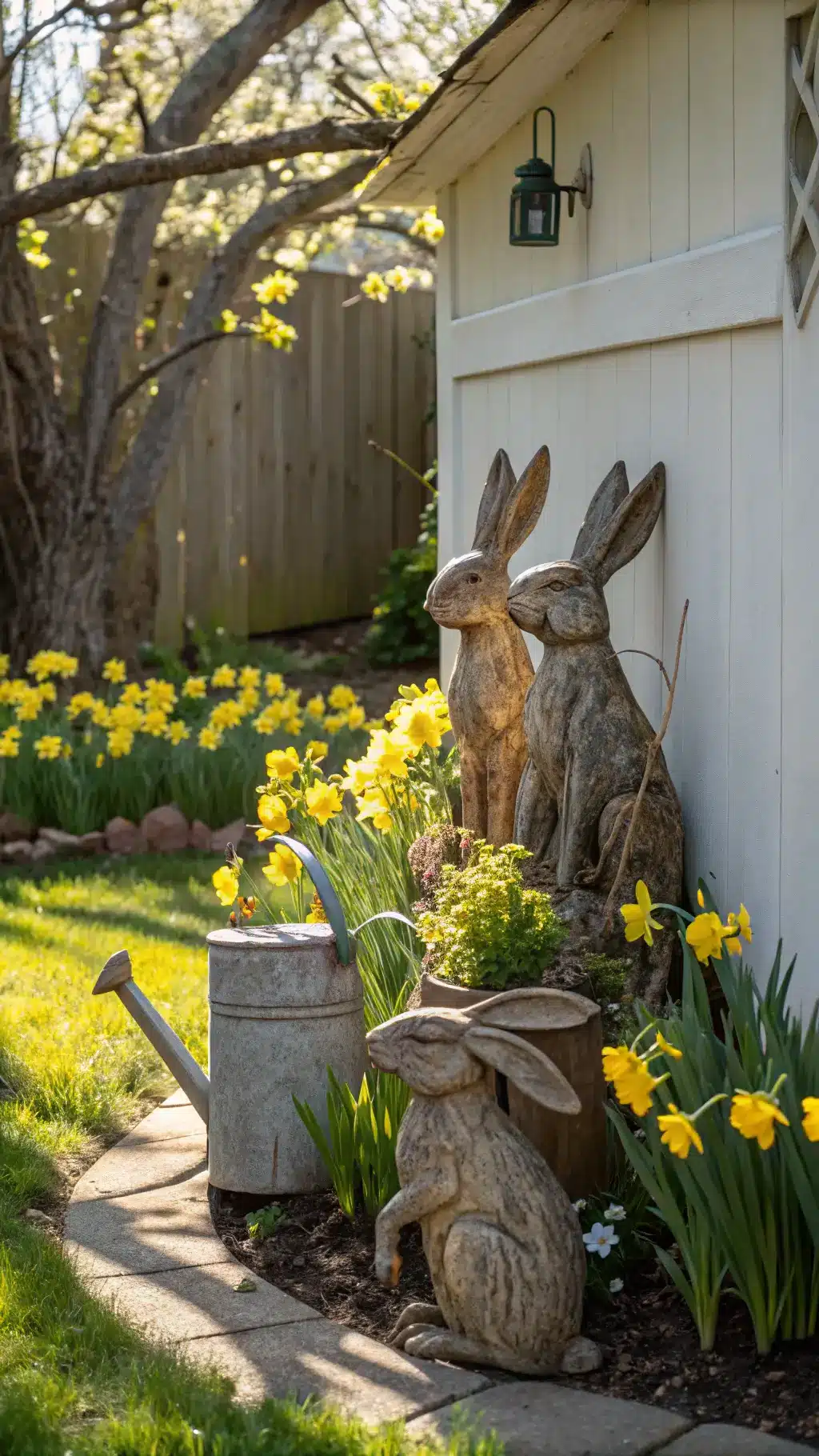 Midday garden nook with wooden bunny figurines among blooming daffodils and antique watering can with fresh flowers