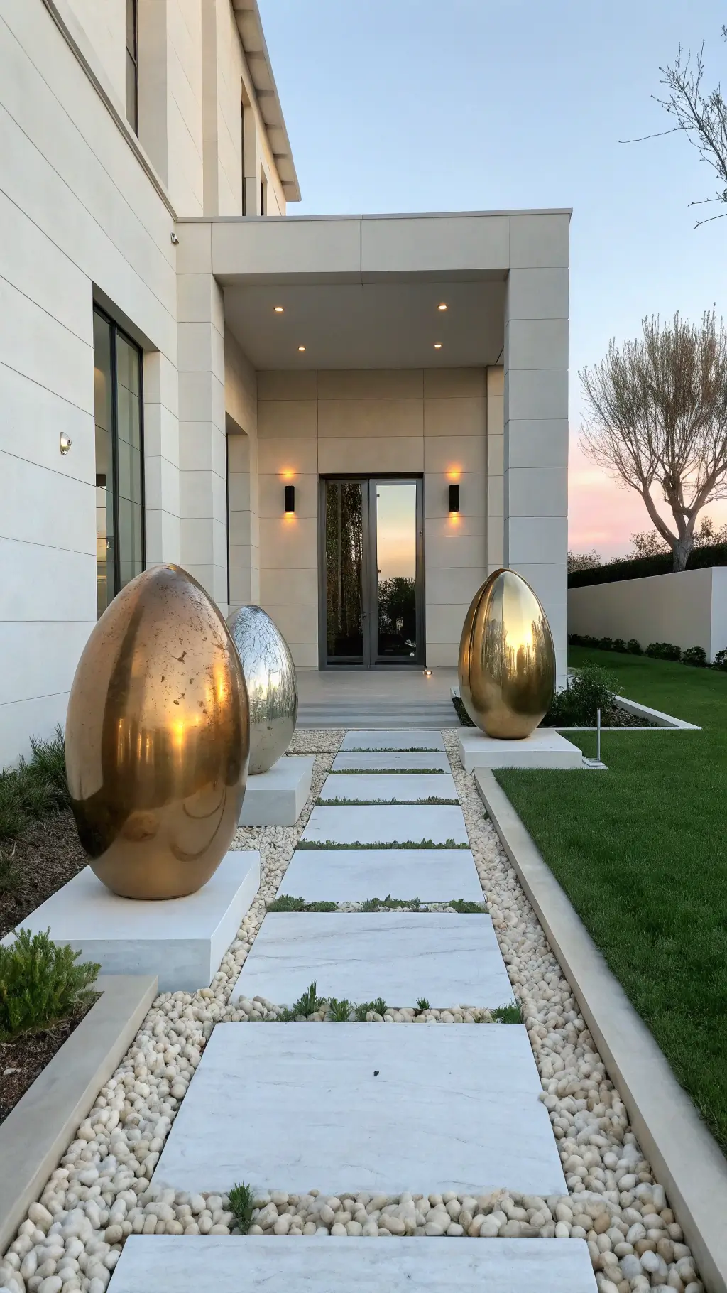 Modern minimalist front entrance at dawn with oversized rose gold and silver metallic egg sculptures on white pebble garden bed