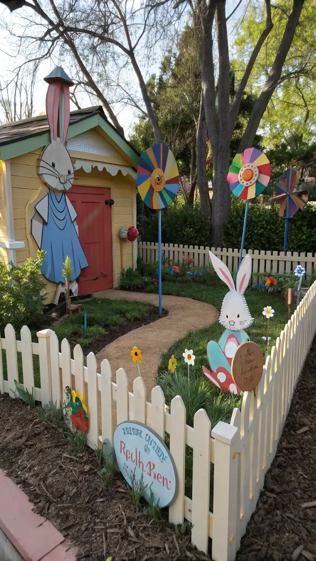 Children's garden corner with storybook-themed Easter display featuring colorful wooden cutouts, miniature picket fence, pinwheels, and oversized lollipops