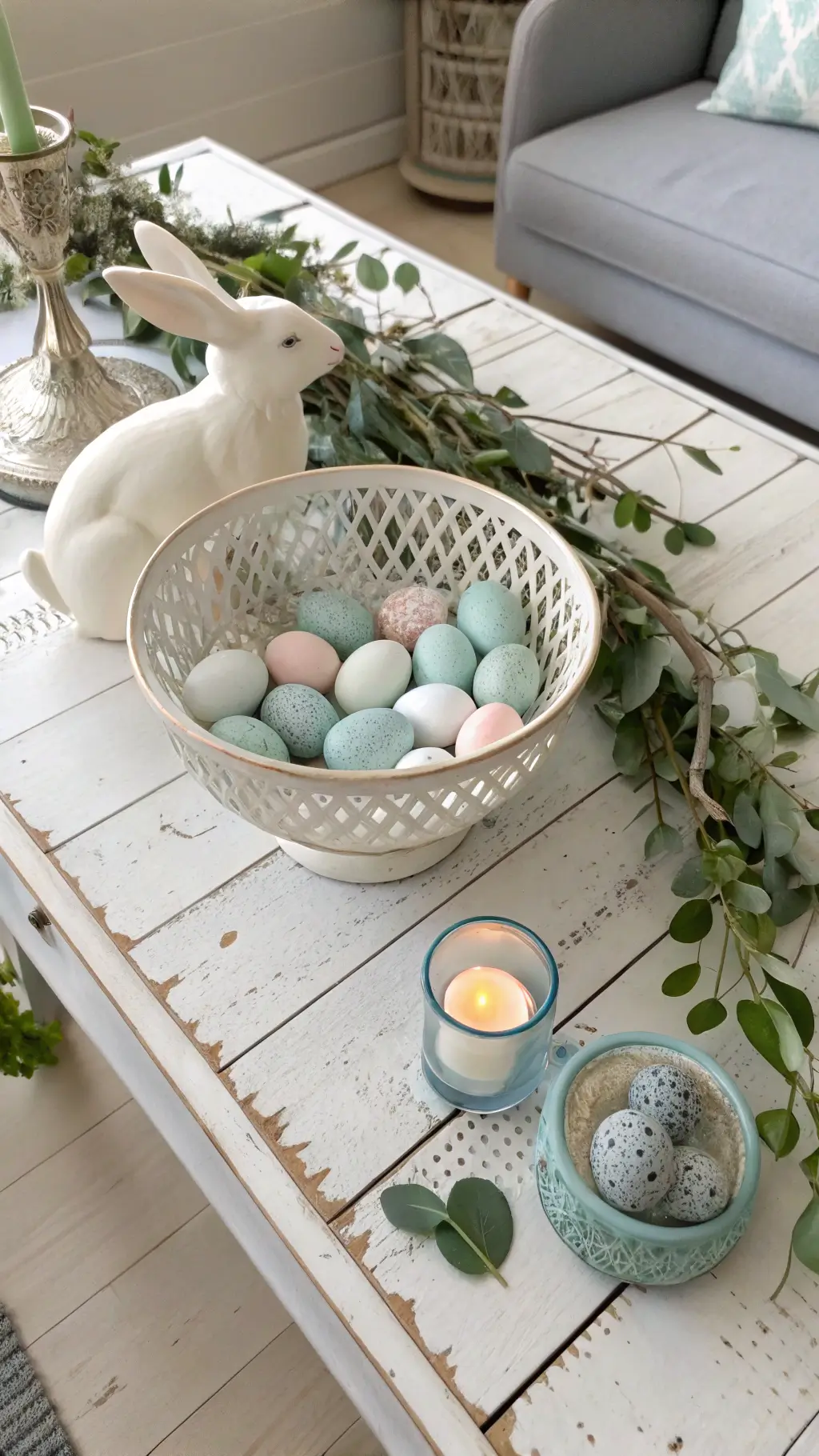Vintage-inspired vignette on a weathered white coffee table with a lattice bowl of hand-painted eggs, cream ceramic bunny, fresh eucalyptus sprigs, and mercury glass votives in afternoon light