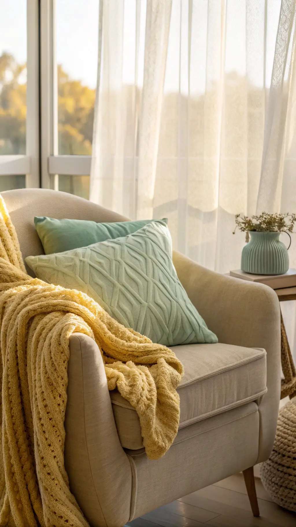 Cozy corner with plush oatmeal linen armchair, butter yellow throw, mint green gingham, and lavender velvet pillows bathed in golden hour light through sheer curtains