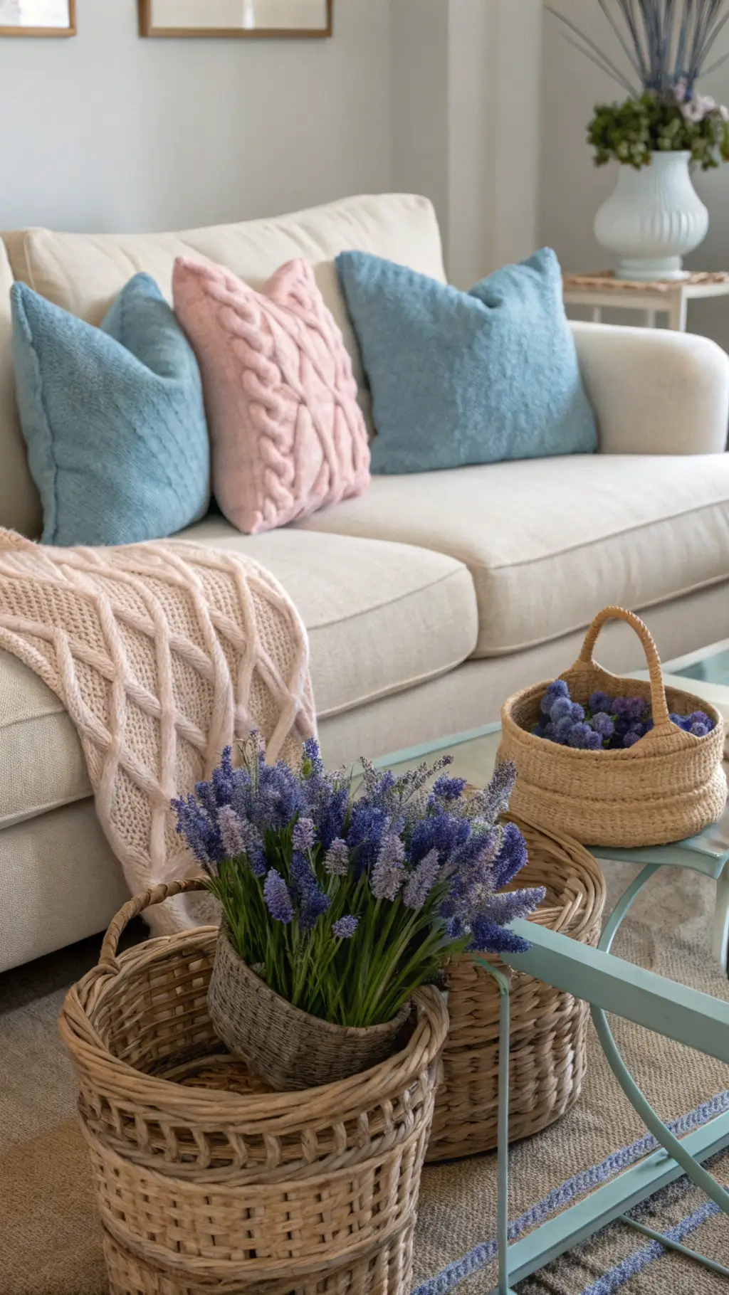 Wide-angle view of a textured living room with cream linen sofa, powder blue velvet pillows, pale pink hand-knitted throw, side table, and woven baskets filled with dried lavender