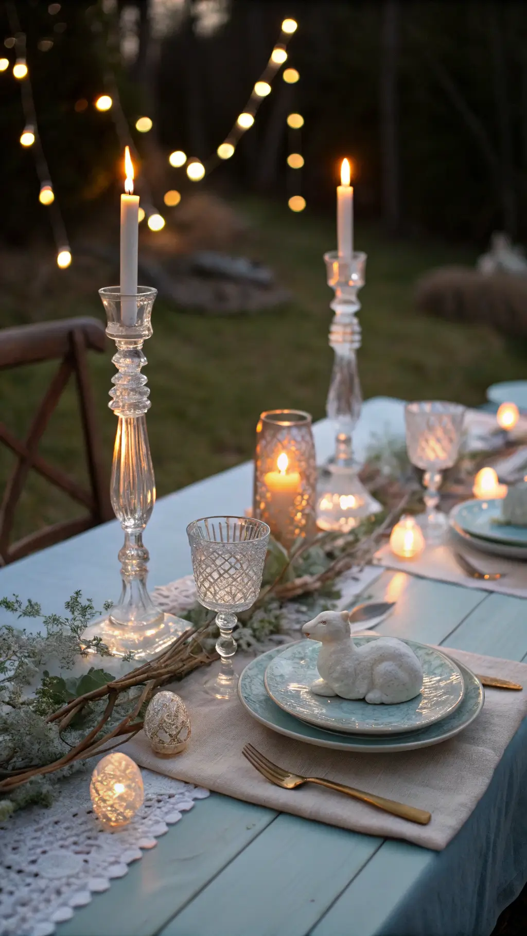 Intimate table setting in evening light with crystal candleholders, linen napkin bunnies, vintage milk glass plates, and egg-shaped LED lights creating a bokeh effect
