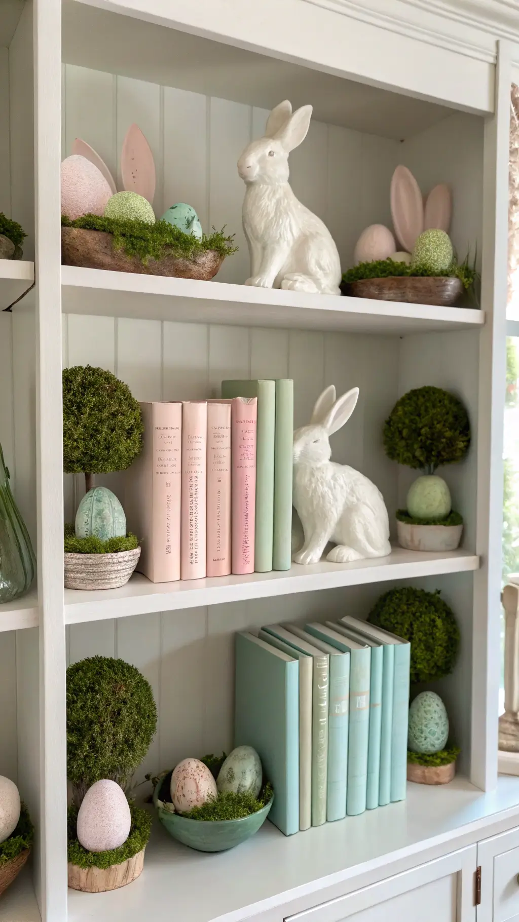 Shelf display featuring ceramic bunnies, moss-covered eggs, and vintage books in soft pastel colors illuminated by natural side lighting