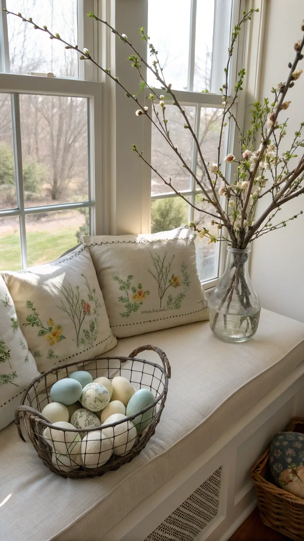 Spring vignette with morning light highlighting a cream linen cushioned bench, botanical embroidered pillows, hand-painted ceramic eggs in a vintage wire basket, and blooming branches in a tall glass vase