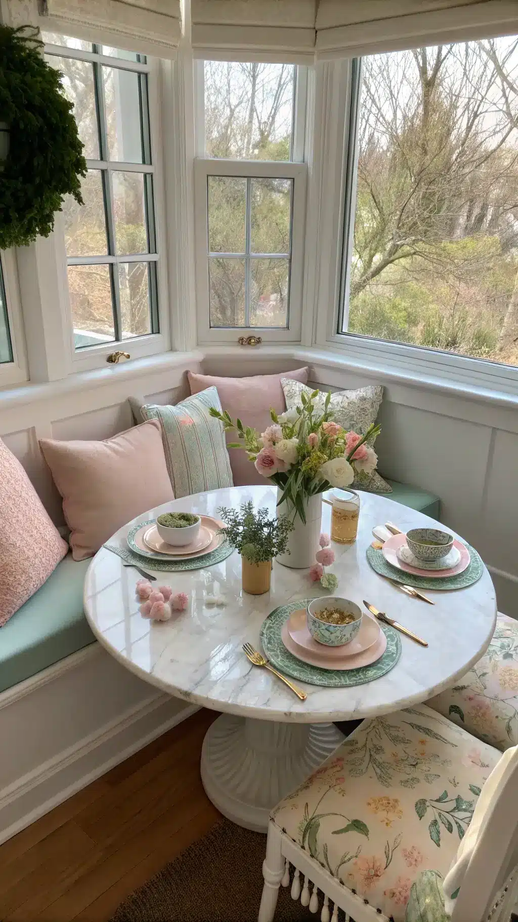 Sunlit breakfast nook with marble table, pastel placemats, bunny napkin rings, delicate china centerpiece of ranunculus and sweet peas in mint julep cups, window seat with blush and cream pillows