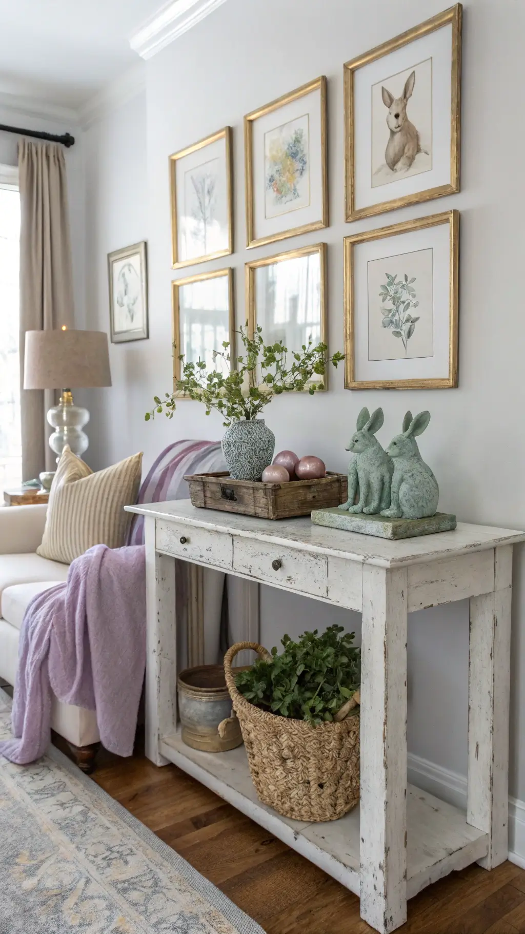 Bright living room corner with white console table displaying metallic and ceramic bunnies, mercury glass eggs, eucalyptus sprigs, vintage botanical prints in gold frames, lavender cashmere throw on armchair
