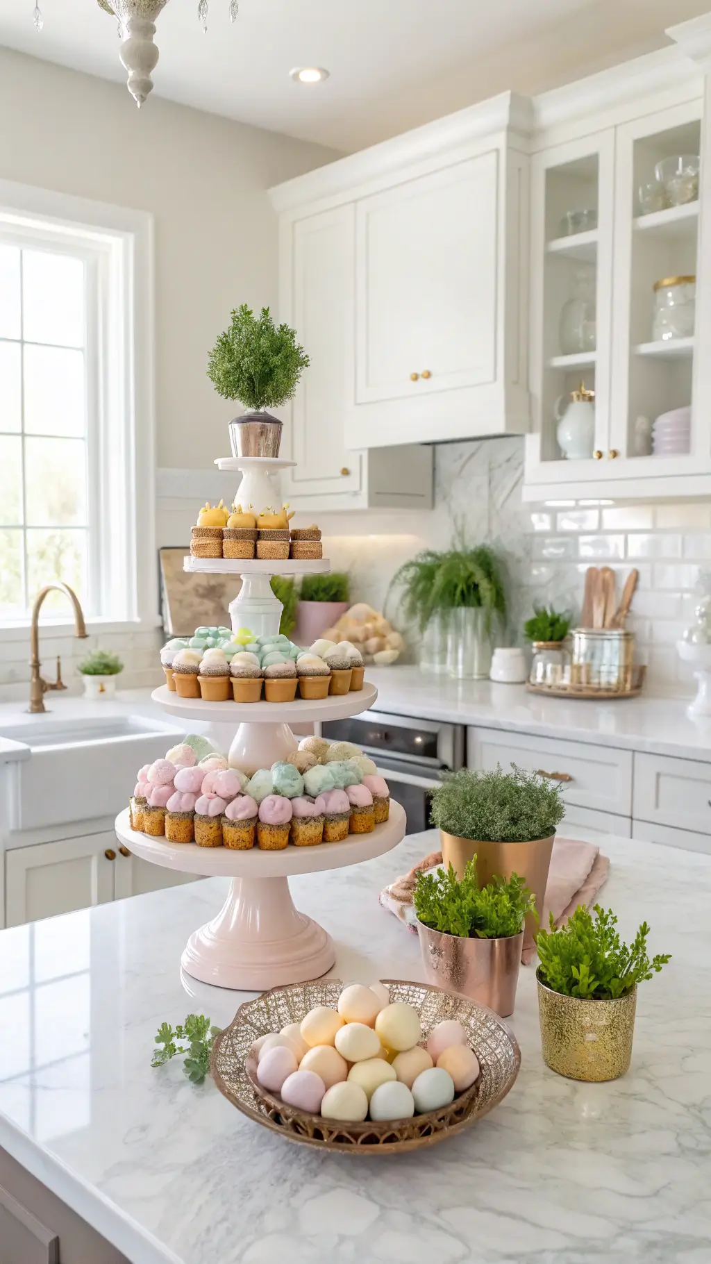 Bright modern kitchen styled for Easter with pastel macarons on vintage milk glass stands, marble countertop island, copper herb planters, and cream gold eggs collection on open shelves