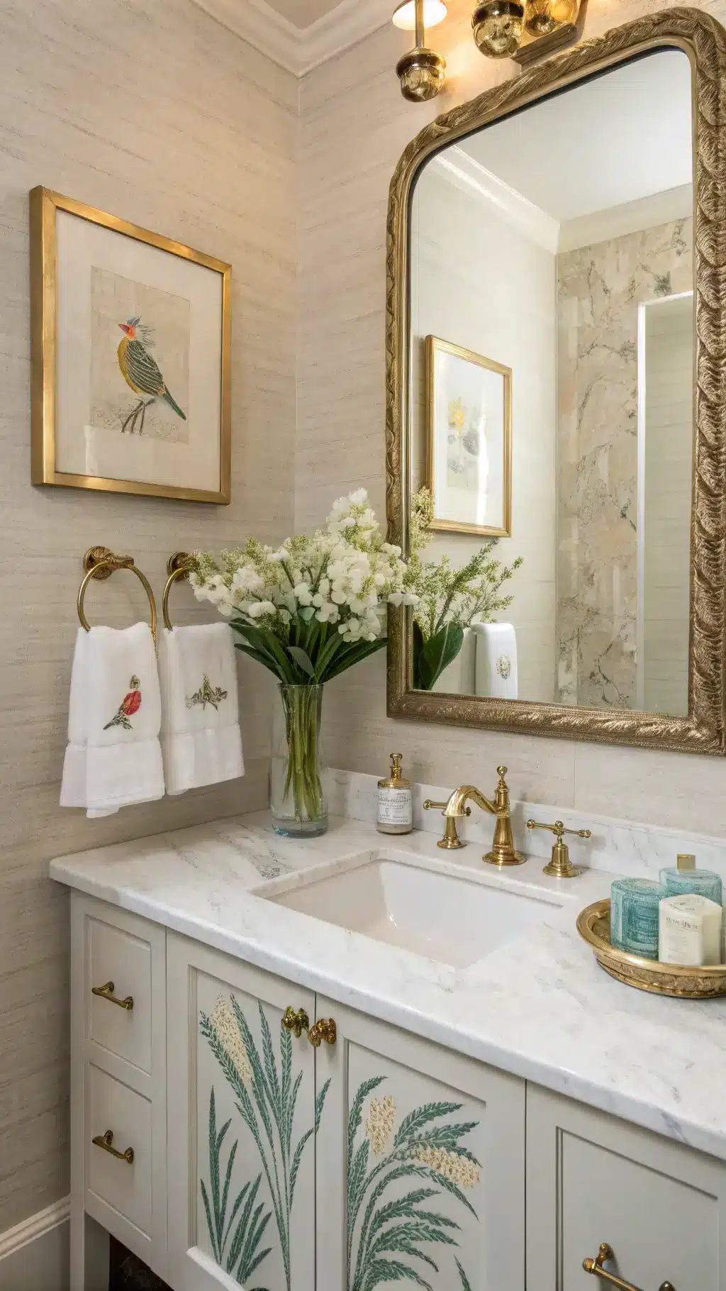 Elegant powder room with pearl grasscloth wallpaper, marble vanity, crystal vessel, antique gold mirror, nest of robin eggs, and mint linen hand towels