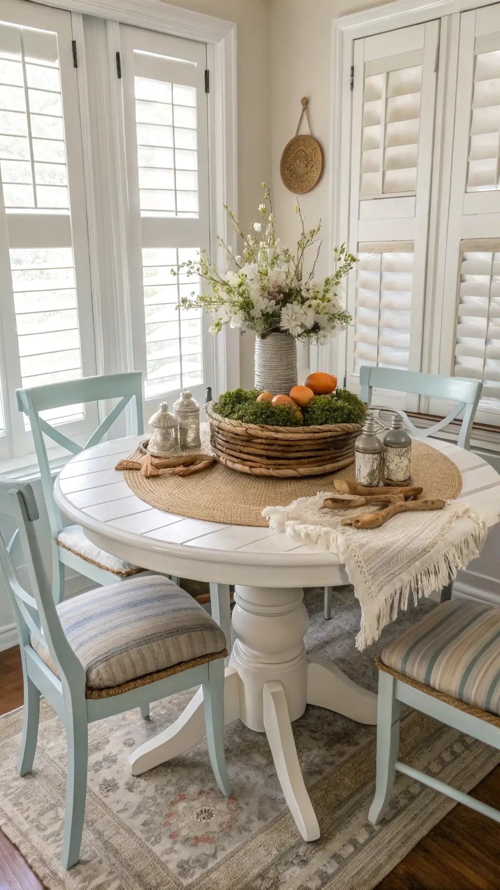 Cozy breakfast nook with rustic farmhouse table, blue-striped cushioned chairs, and vintage ceramic bunnies displayed in a white hutch.