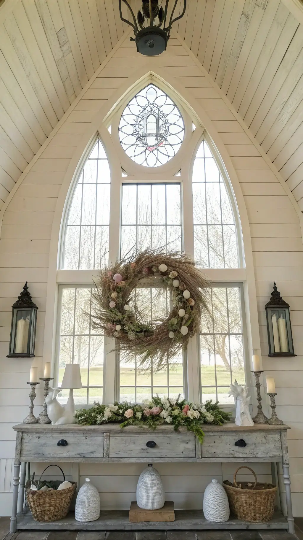 Entryway with cathedral ceiling featuring vintage window, oversized grapevine wreath with egg clusters, weathered console table, white lanterns, concrete bunny statues, eucalyptus, and a cream pitcher of pussy willows in soft morning light.