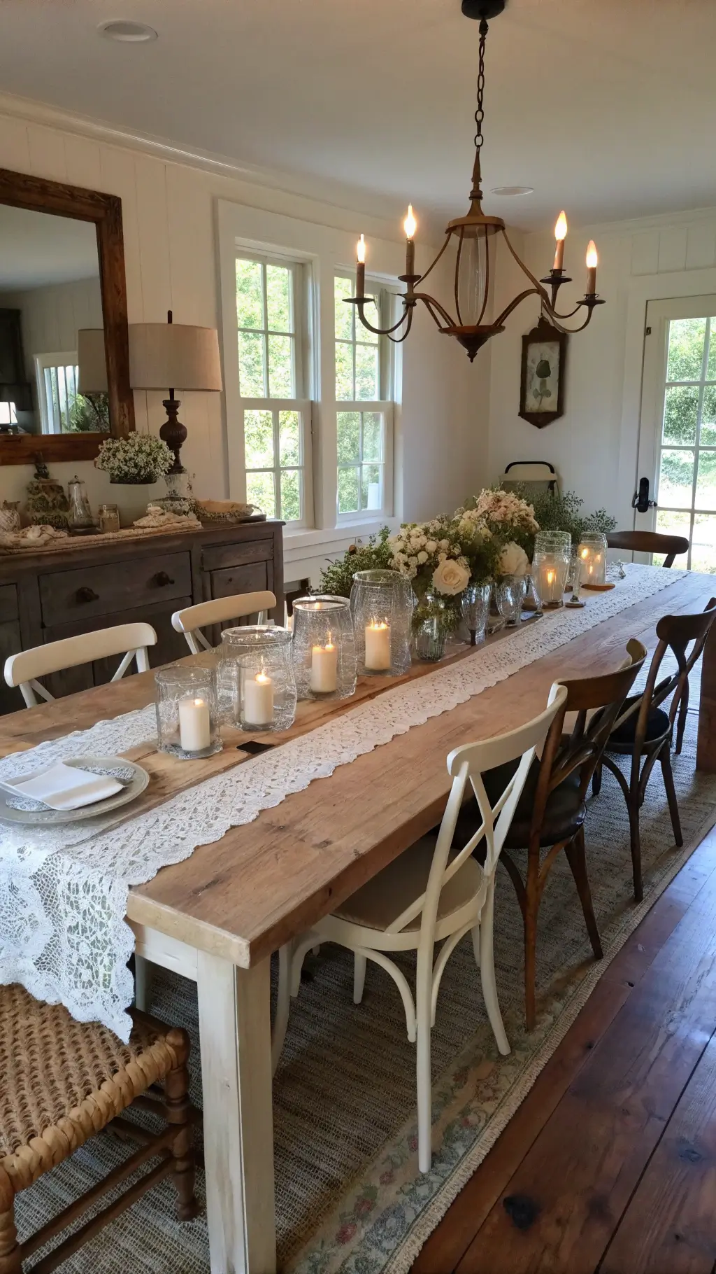 Inviting farmhouse dining room bathed in afternoon light with a long harvest table, cream linens, vintage lace runner, apothecary jar centerpiece, cross-back chairs, slipcovered head chair, cherry blossoms, and zinc basket on buffet.