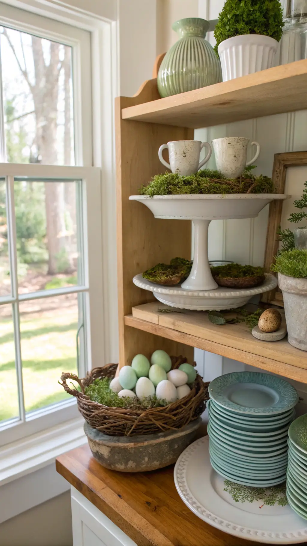Close-up of Easter-themed open shelving in a bright butler pantry featuring white ironstone collection, mint jadeite pieces, wooden tiered tray with miniature nest scenes, egg cups, moss-filled pottery, and vintage basket filled with fresh eggs.