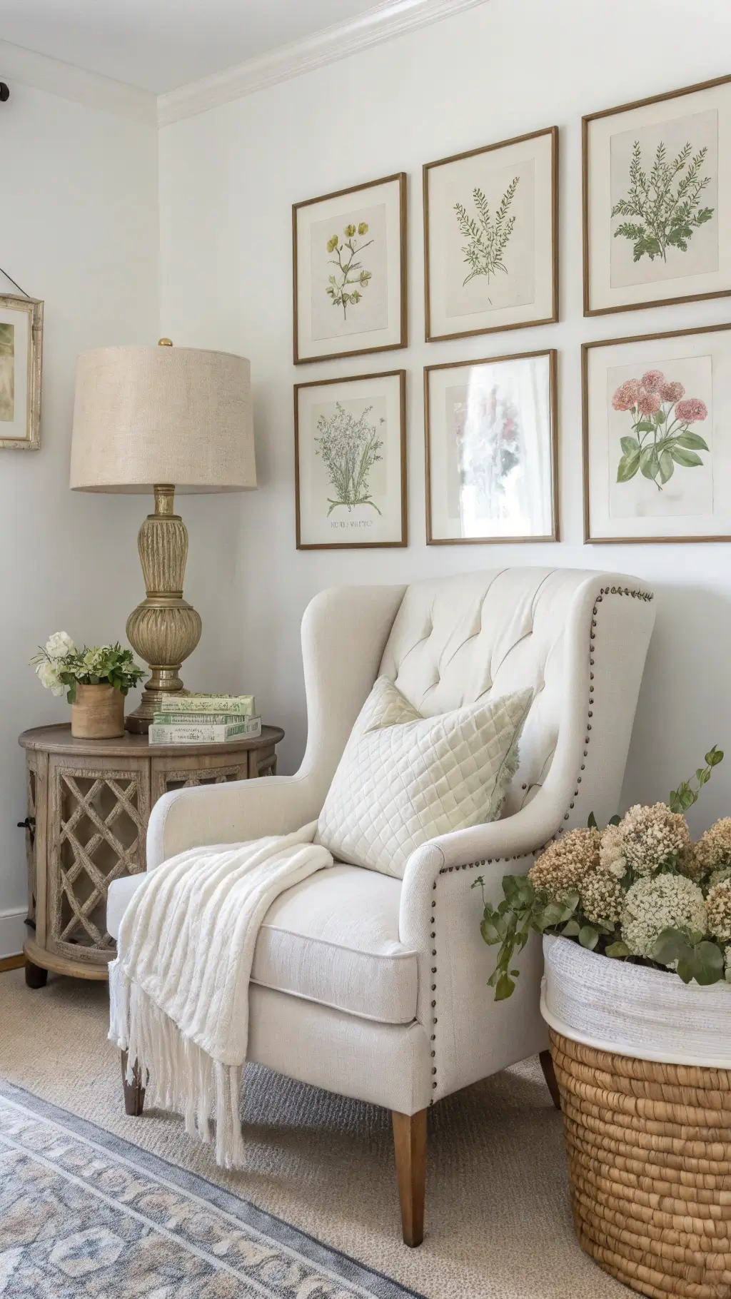 Cozy master bedroom corner at dawn with a large white linen chair adorned with a bunny pillow, distressed side table, brass lamp, gallery wall of vintage botanical prints, handwoven basket, dried hydrangeas, and eucalyptus.
