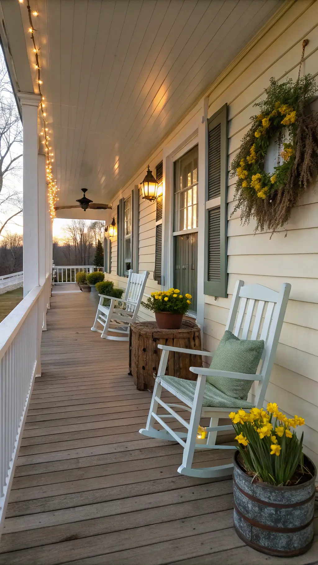 Covered back porch at sunset with whitewashed rocking chairs featuring sage cushions, vintage buckets filled with tulips and daffodils, tobacco basket, boxwood wreath on the wall, and string lights casting a warm glow.