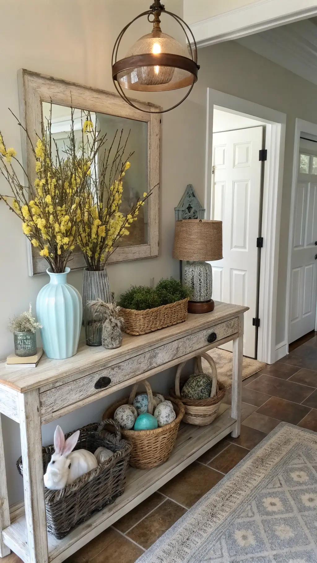 Easter-themed entryway with rustic console table, pendant light, tall vase with pussy willows and forsythia, seagrass baskets, speckled eggs, and vintage brass bunnies