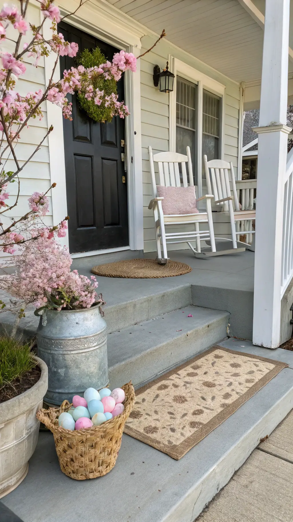 Front porch with whitewashed rocking chairs, antique milk can with cherry blossoms, floral runner, and basket of pastel eggs near entrance