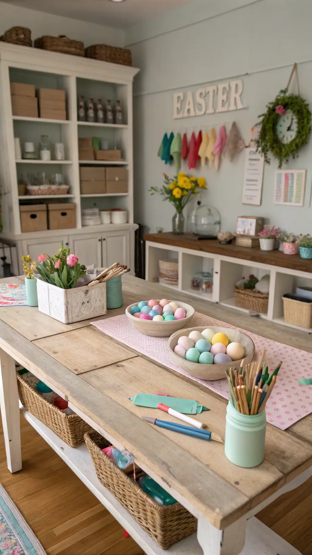 Crafting space with farmhouse table featuring pastel hand-painted eggs, twine garlands, paper flowers, vintage mason jars with paintbrushes