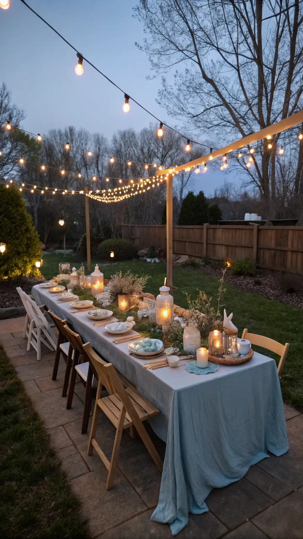 Twilight patio scene with string lights over Easter dinner on farm table with blue linens, white ceramic bunnies, lanterns, and dyed eggs