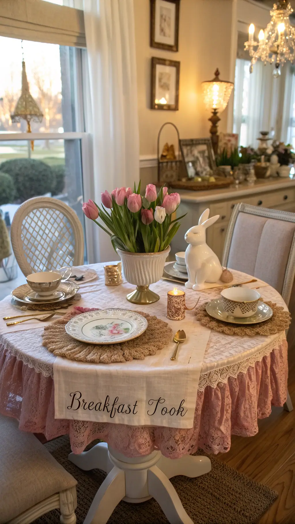Vintage-inspired breakfast nook featuring a round table decorated with pink tulips, ceramic bunny centerpiece, antique milk glass plates, gilt-edged teacups, and hand-lettered place cards illuminated by warm afternoon light