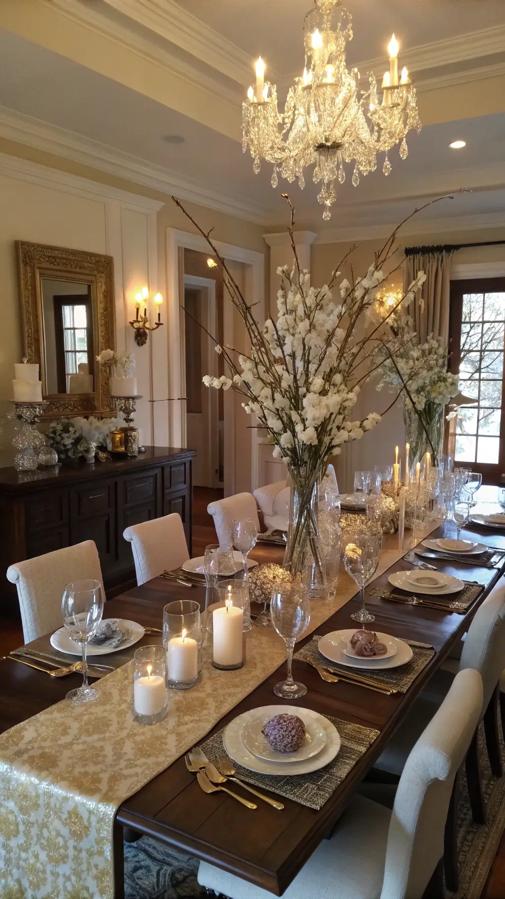 Elegant dining room with a dark wood table, silk champagne runner, gold placemats, layered china, cherry blossom centerpieces in crystal vases, and tall white candles in brass holders