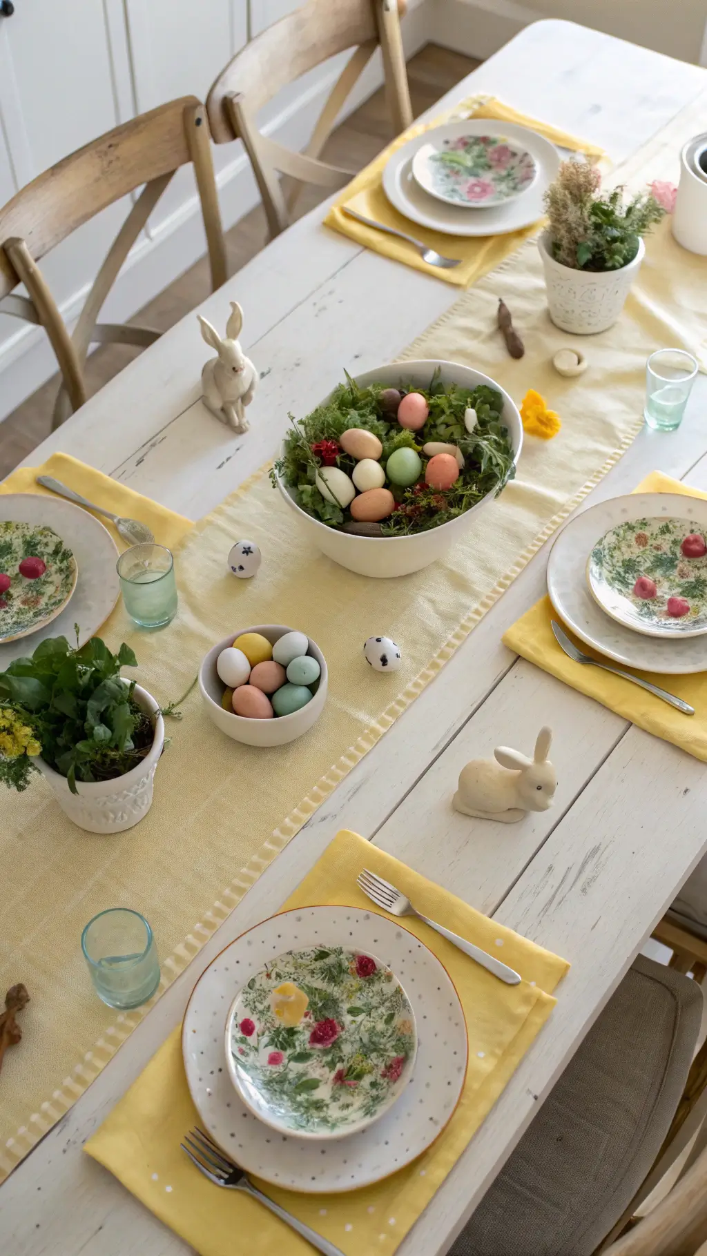 Overhead view of a casual dining space with a whitewashed farmhouse table draped in a yellow tablecloth, decorated with a spring-themed centerpiece and eclectic place settings, bathed in natural light