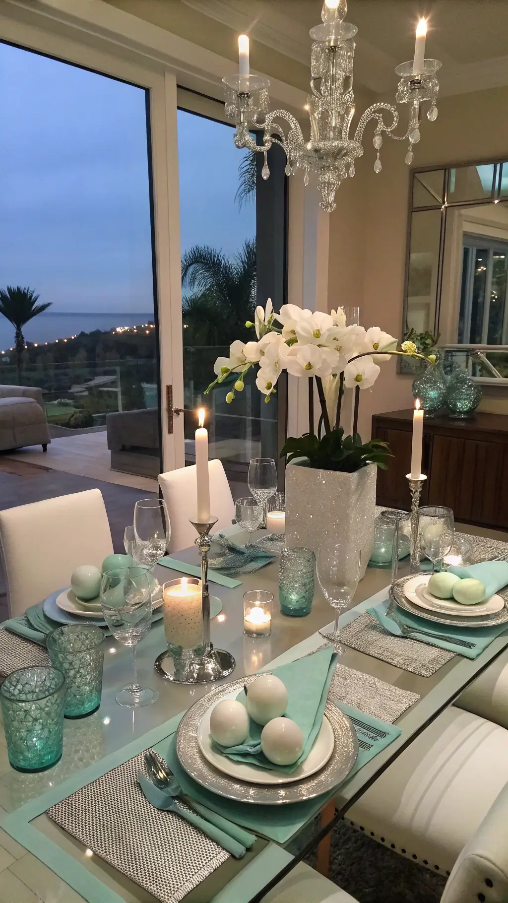Contemporary dining room at dusk with a glass table, mint and silver runners, white orchid centerpiece, mirrored egg sculptures, floating candles, porcelain chargers, and seafoam green napkins