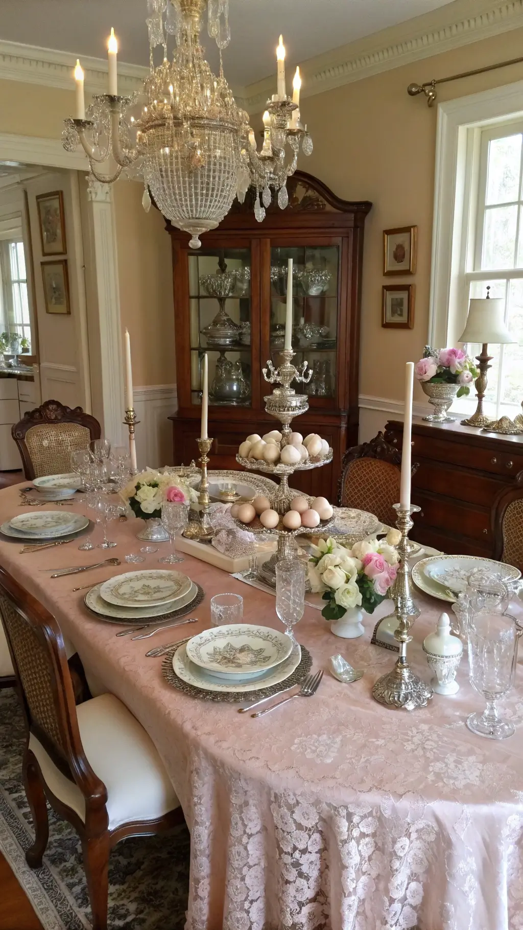 Traditional dining room with mahogany table, fine china, silver flatware, ornate Easter-themed centerpiece, bathed in soft morning light