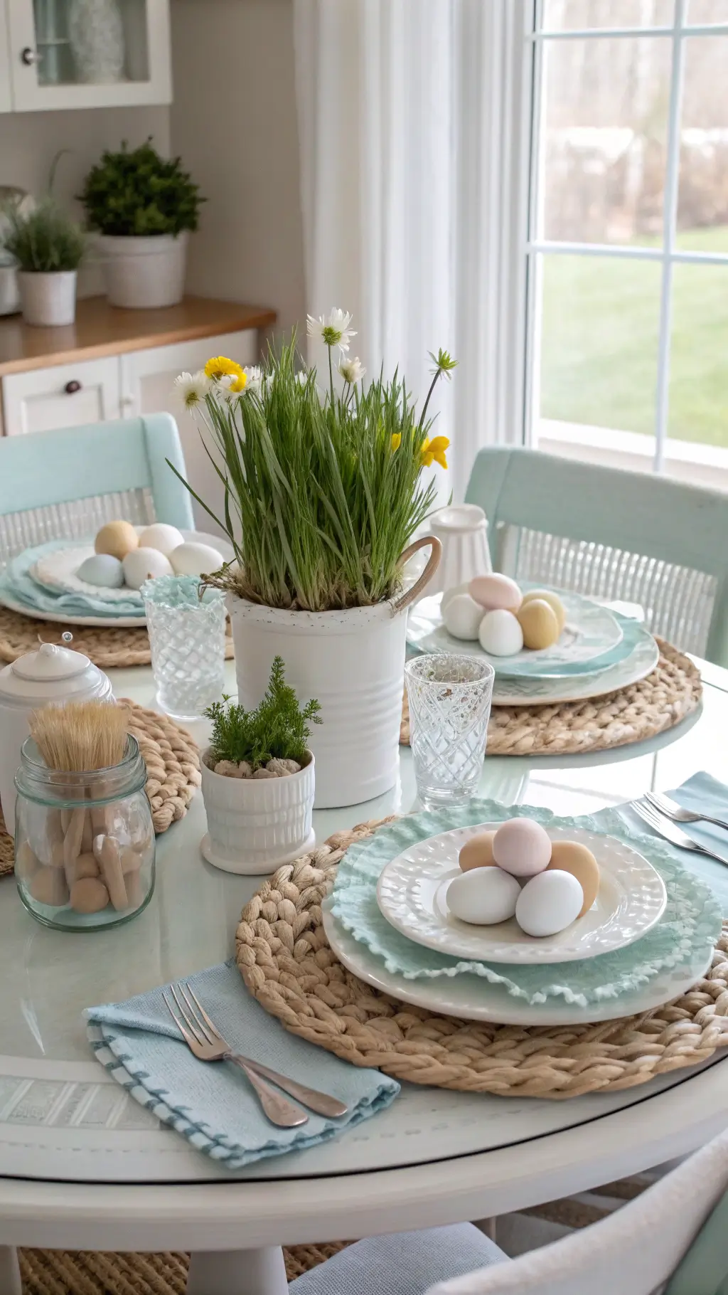 Round glass table with blue linens, natural chargers, white pottery, pastel plates, linen napkins, and a centerpiece of potted grass, speckled eggs, and spring flowers in mason jars, illuminated by soft midday light