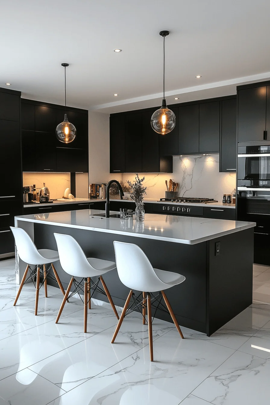 Kitchen with black and white color scheme and geometric lighting