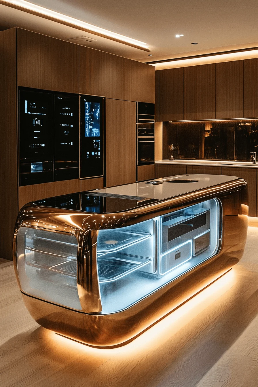 Modern kitchen with smart oven and voice-activated lighting