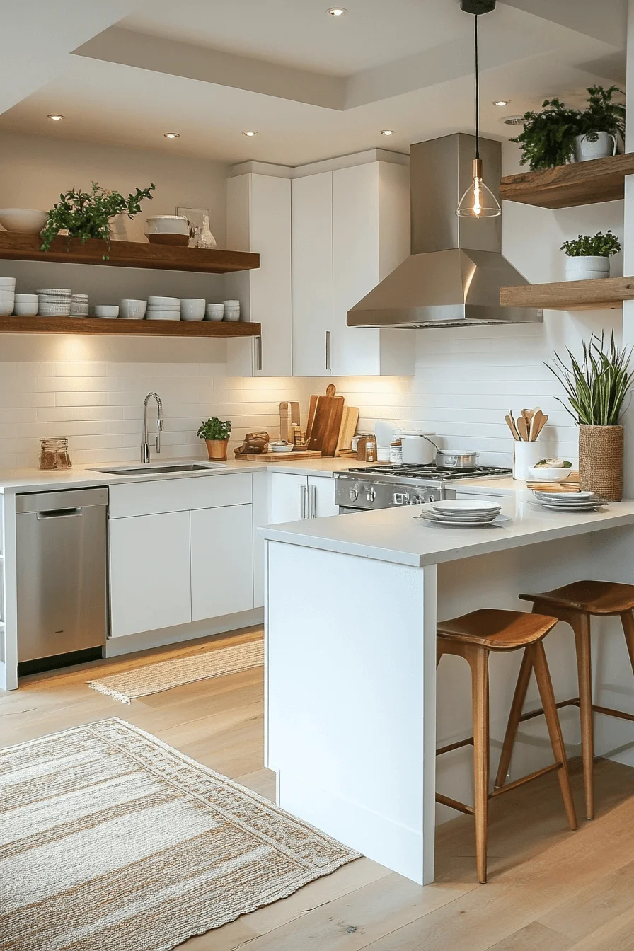 Compact kitchen with vertical storage and foldable counters